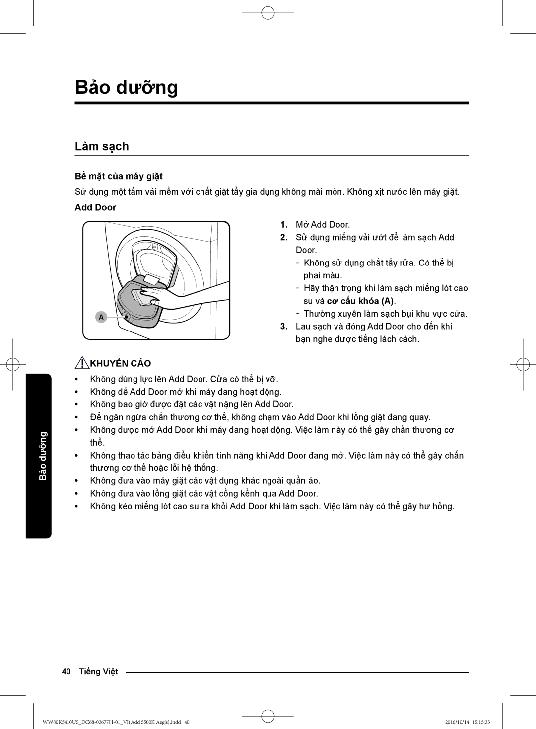 Samsung WW80K5410US/SV, WW75K5210US/SV, WW75K5210YW/SV, WW80K5410WW/SV manual Làm sạch, Bề mặt của máy giặt, Add Door 