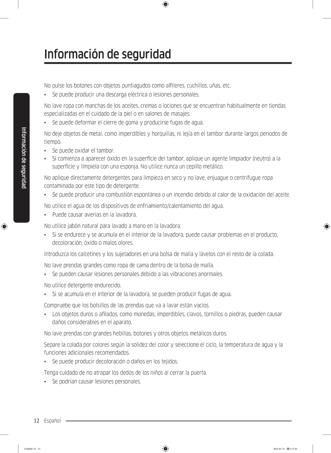 Samsung WW90K5410UW/EC, WW80K5410UW/EC, WW90K5410WW/EC, WW70K5410WW/EC, WW80K5410WW/EC manual Información de seguridad 