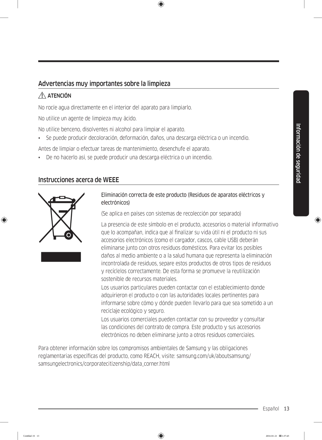 Samsung WW70K5410WW/EC, WW80K5410UW/EC manual Advertencias muy importantes sobre la limpieza, Instrucciones acerca de Weee 