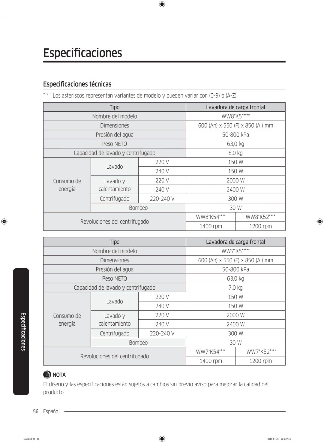 Samsung WW90K5410WW/EC, WW80K5410UW/EC, WW90K5410UW/EC, WW70K5410WW/EC manual Especificaciones técnicas, rpm 1200 rpm 