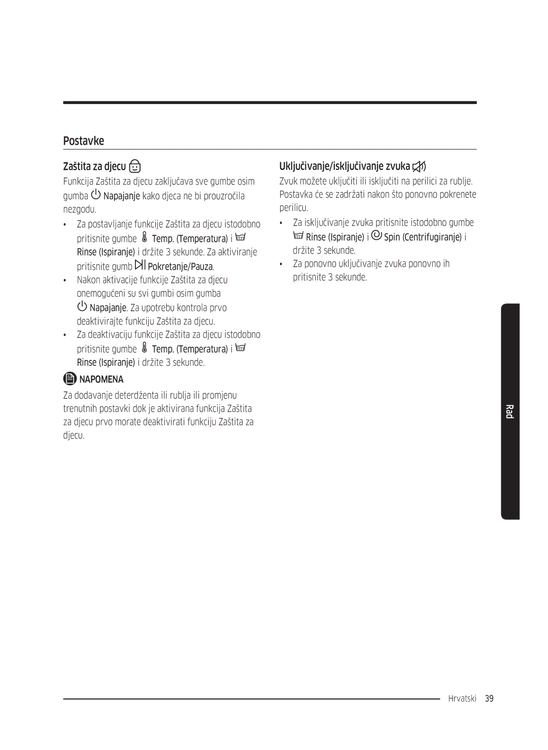 Samsung WW70K5410UW/LE, WW80K5410UW/EO, WW80K5410UW/LV manual Postavke, Zaštita za djecu, Uključivanje/isključivanje zvuka 