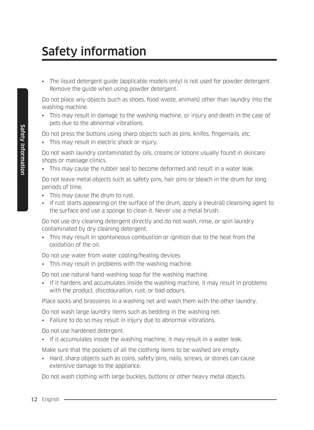 Samsung WW80K5410UW/LV, WW80K5410UW/EO, WW80K5210UW/LE, WW90K5410WW/LE, WW70K5410UW/LE, WW70K5210WW/LE manual Safety information 