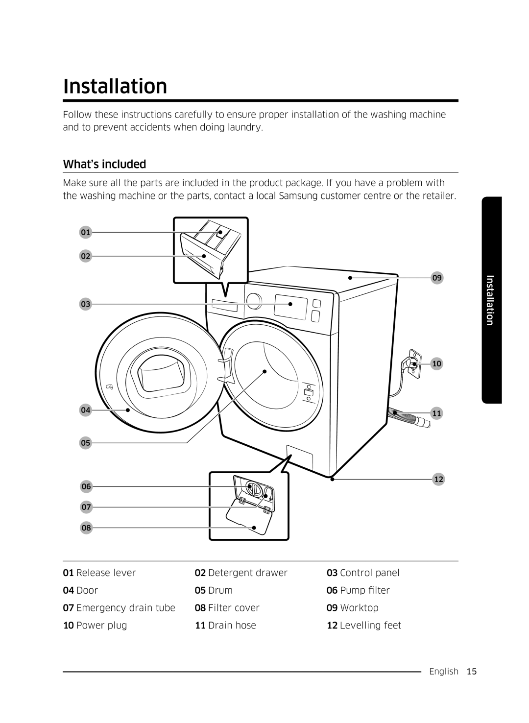 Samsung WW70K5410UW/LE, WW80K5410UW/EO, WW80K5410UW/LV, WW80K5210UW/LE, WW90K5410WW/LE manual Installation, What’s included 