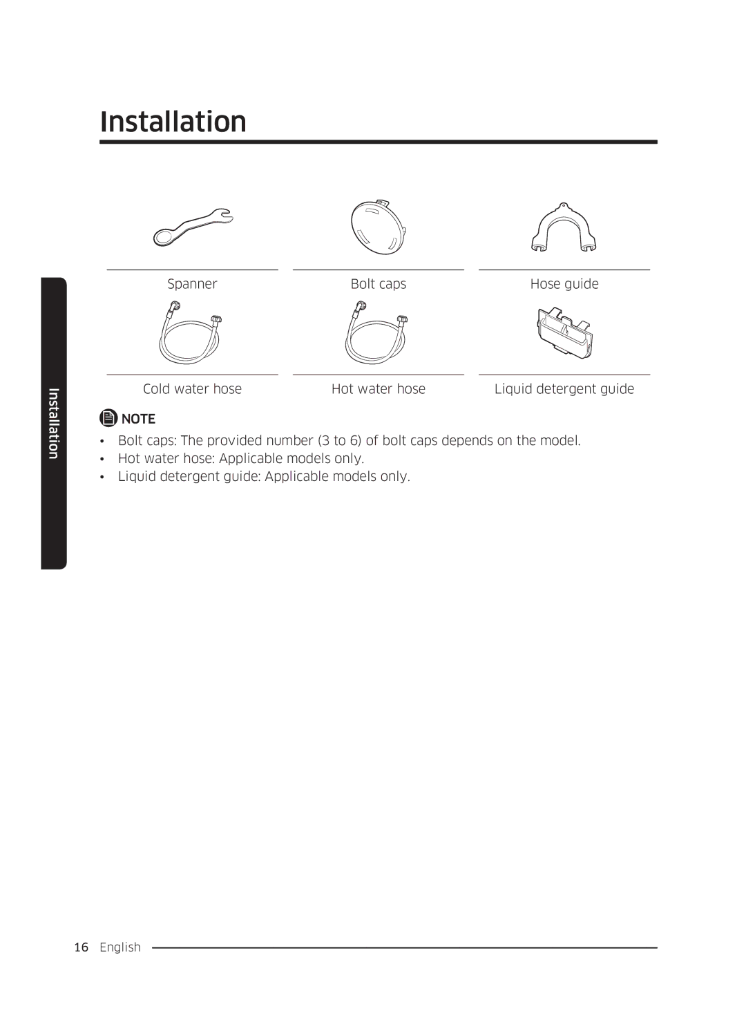 Samsung WW70K5210WW/LE, WW80K5410UW/EO, WW80K5410UW/LV, WW80K5210UW/LE, WW90K5410WW/LE manual Spanner Bolt caps Hose guide 