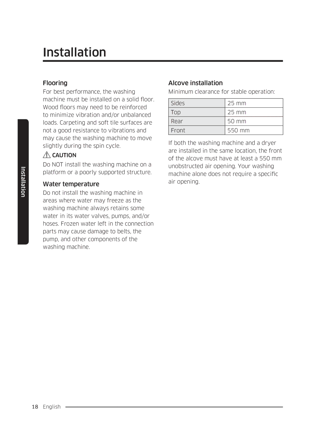 Samsung WW70K5210UW/LE, WW80K5410UW/EO, WW80K5410UW/LV, WW80K5210UW/LE manual Flooring, Water temperature, Alcove installation 