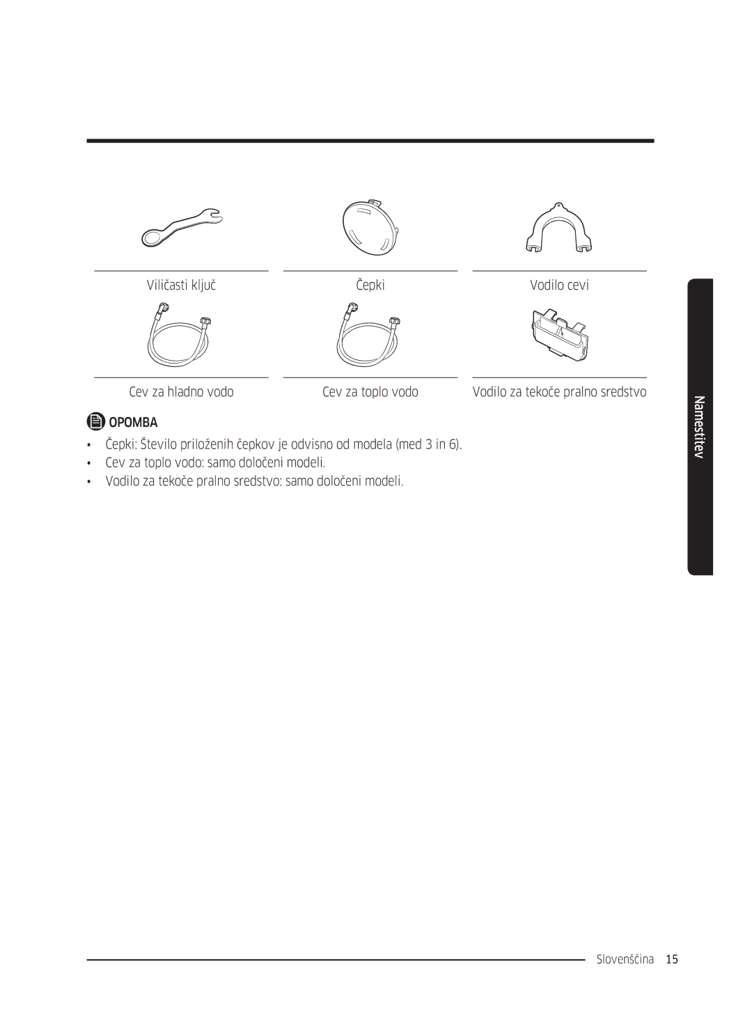 Samsung WW8SK5410UW/KJ, WW80K5410UW/EO, WW80K5410UW/LV manual Viličasti ključ Čepki, Cev za hladno vodo Cev za toplo vodo 