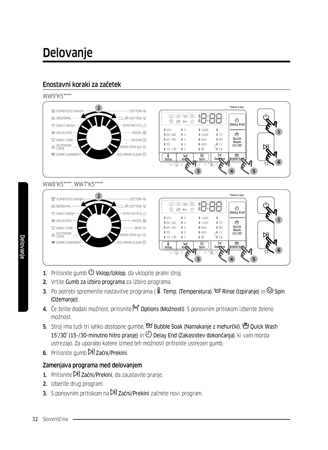 Samsung WW70K5410UW/LE, WW80K5410UW/EO, WW80K5410UW/LV manual Enostavni koraki za začetek, Zamenjava programa med delovanjem 