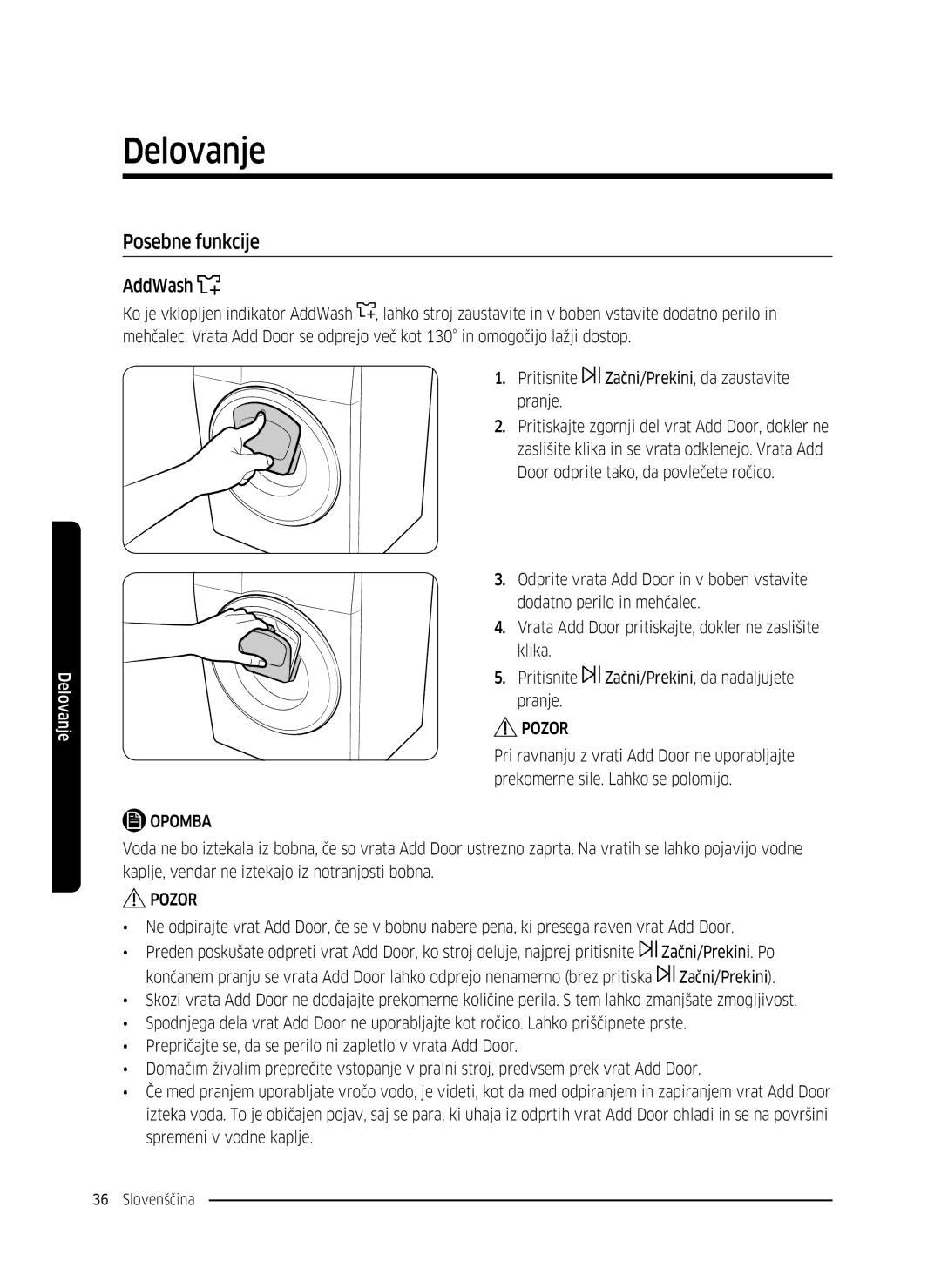 Samsung WW80K5410UW/LE, WW80K5410UW/EO, WW80K5410UW/LV, WW80K5210UW/LE, WW90K5410WW/LE manual Posebne funkcije, AddWash 