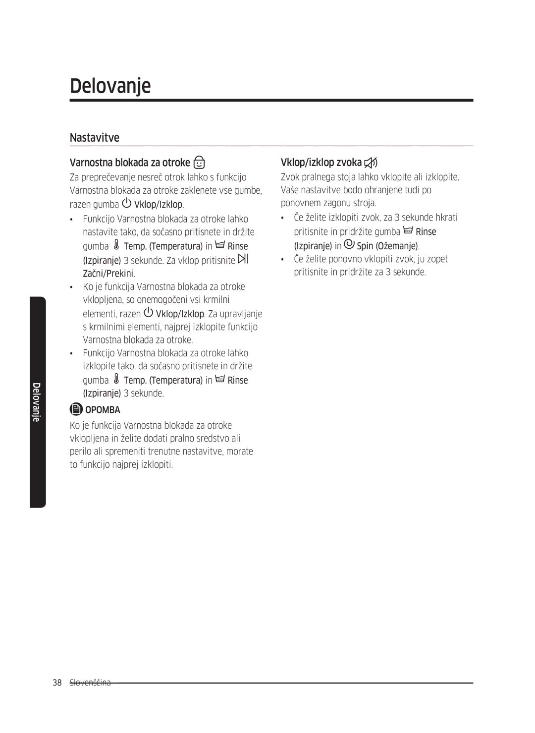 Samsung WW80K5410UW/EU, WW80K5410UW/EO, WW80K5410UW/LV manual Nastavitve, Varnostna blokada za otroke, Vklop/izklop zvoka 