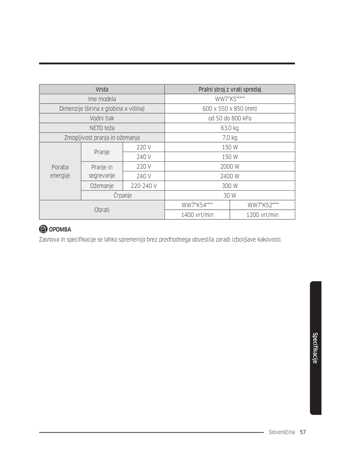 Samsung WW70K5210UW/LE, WW80K5410UW/EO, WW80K5410UW/LV, WW80K5210UW/LE manual Vrsta Pralni stroj z vrati spredaj, WW7*K52 