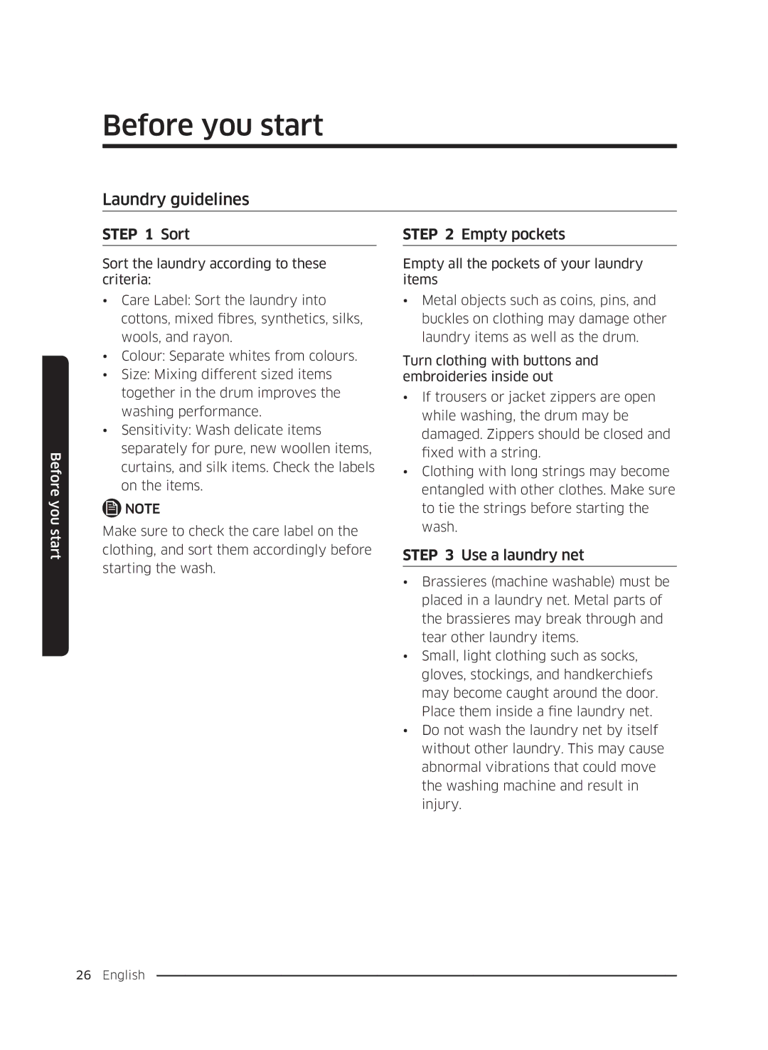 Samsung WW70K5410UW/LE, WW80K5410UW/EO, WW80K5410UW/LV manual Laundry guidelines, Sort, Empty pockets, Use a laundry net 