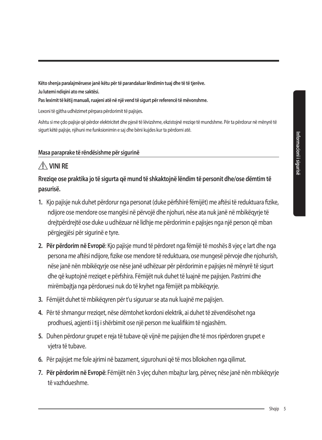 Samsung WW80K5410UW/LE, WW80K5410UW/EO, WW80K5410UW/LV, WW80K5210UW/LE manual Masa paraprake të rëndësishme për sigurinë 