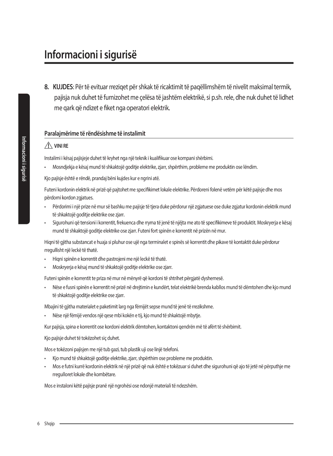 Samsung WW8SK5410UW/KJ, WW80K5410UW/EO, WW80K5410UW/LV, WW80K5210UW/LE manual Paralajmërime të rëndësishme të instalimit 