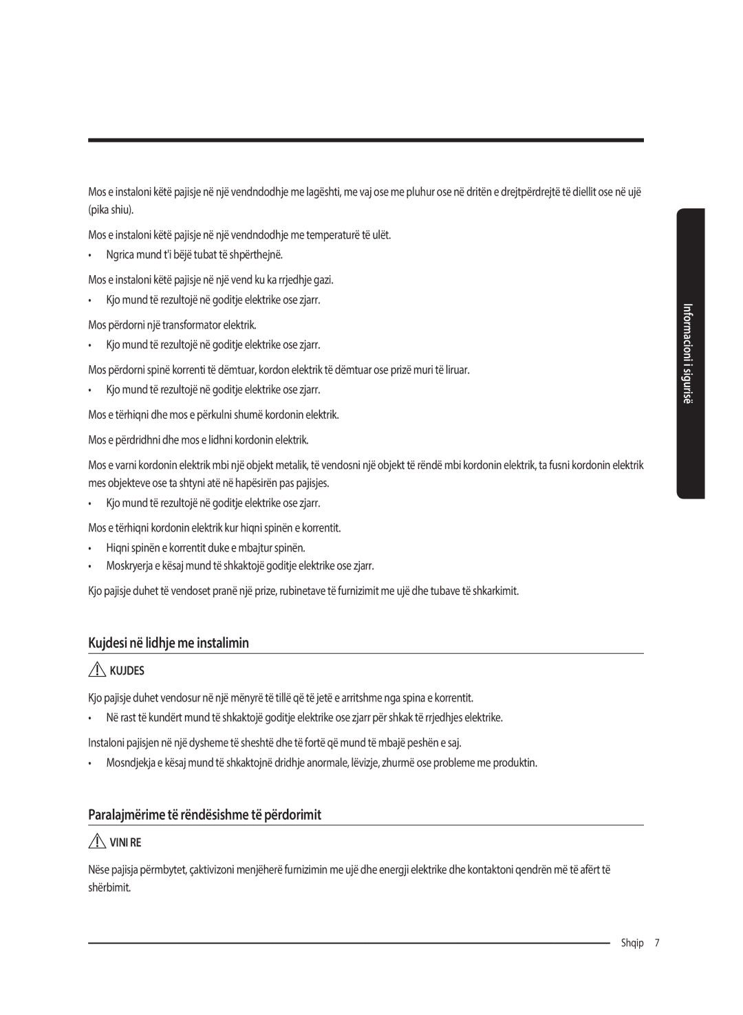 Samsung WW80K5410UW/EU, WW80K5410UW/EO manual Kujdesi në lidhje me instalimin, Paralajmërime të rëndësishme të përdorimit 