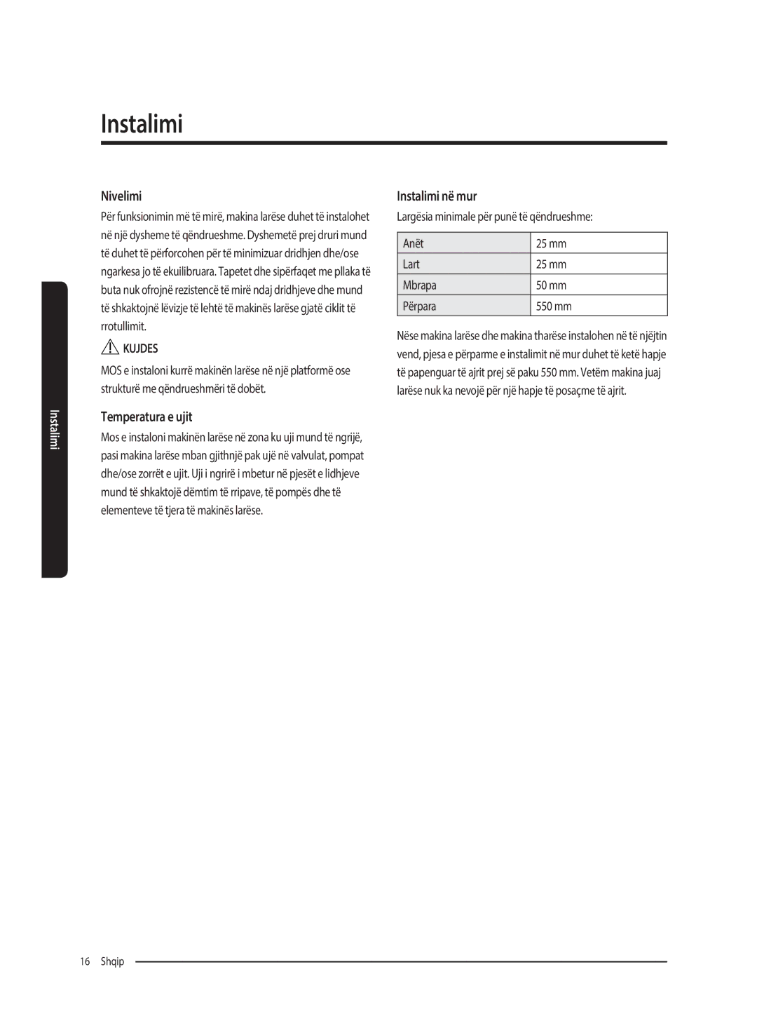 Samsung WW80K5410UW/LE, WW80K5410UW/EO, WW80K5410UW/LV, WW80K5210UW/LE manual Nivelimi, Instalimi në mur, Temperatura e ujit 