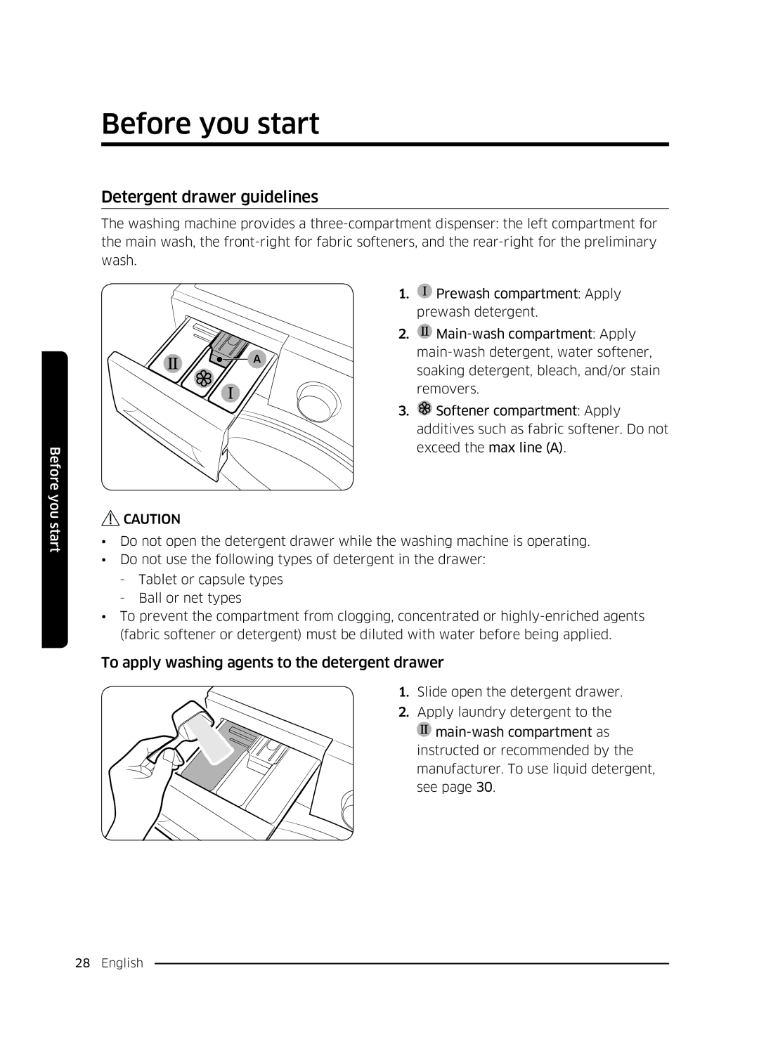 Samsung WW70K5210UX/LE, WW80K5410UW/EO manual Detergent drawer guidelines, To apply washing agents to the detergent drawer 