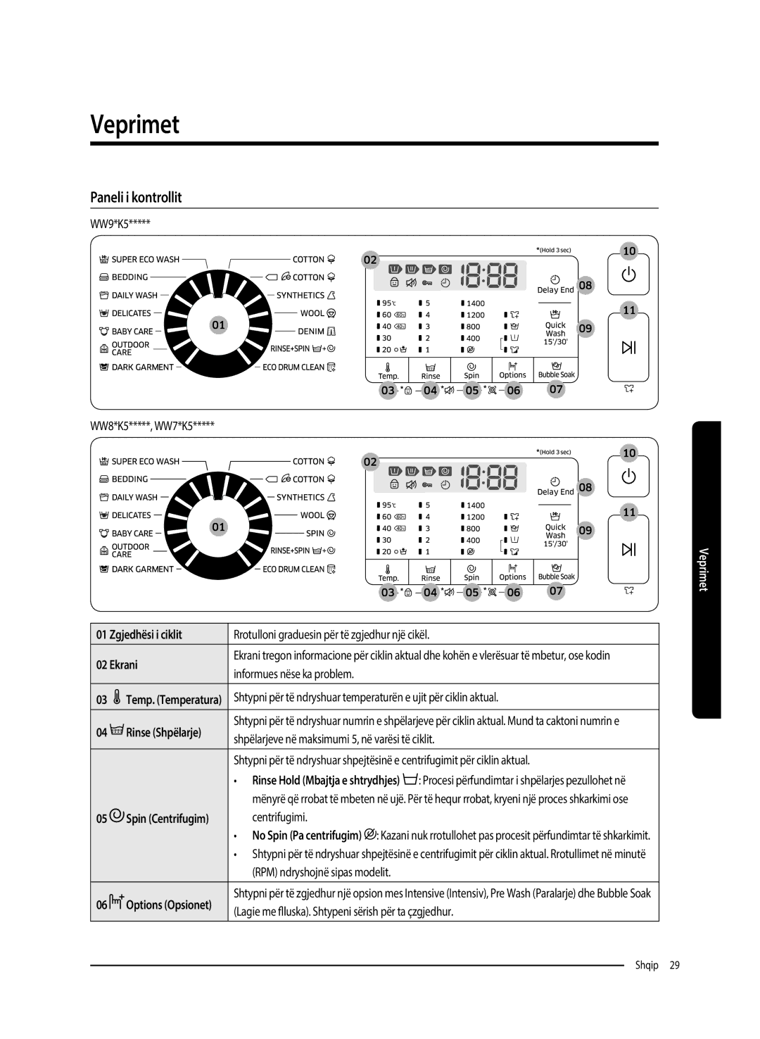 Samsung WW80K5410UW/EU, WW80K5410UW/EO Paneli i kontrollit, Zgjedhësi i ciklit, Ekrani, Rinse Shpëlarje, Spin Centrifugim 