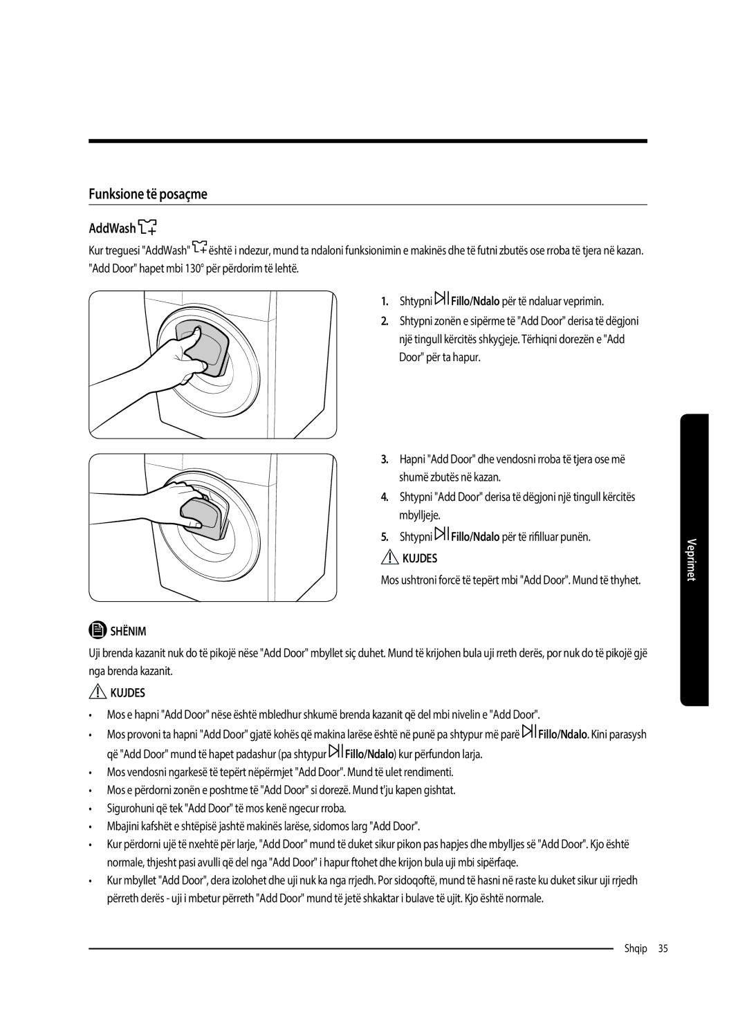 Samsung WW70K5210WW/LE, WW80K5410UW/EO, WW80K5410UW/LV, WW80K5210UW/LE, WW90K5410WW/LE manual Funksione të posaçme, AddWash 