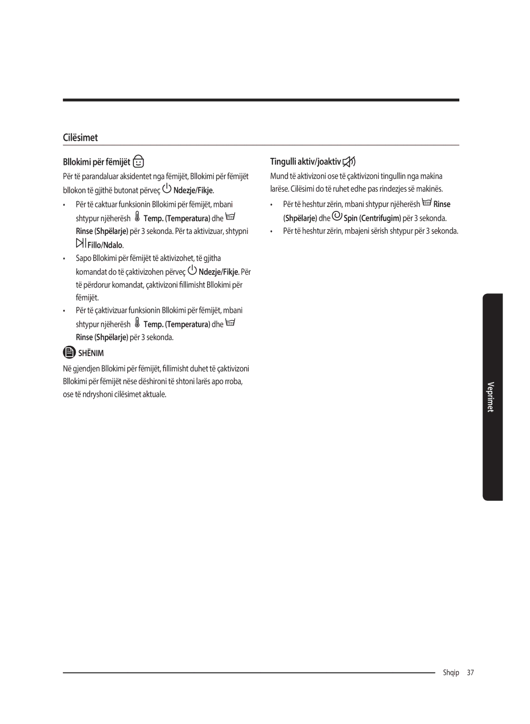 Samsung WW70K5210UW/LE, WW80K5410UW/EO, WW80K5410UW/LV manual Cilësimet, Bllokimi për fëmijët, Tingulli aktiv/joaktiv 