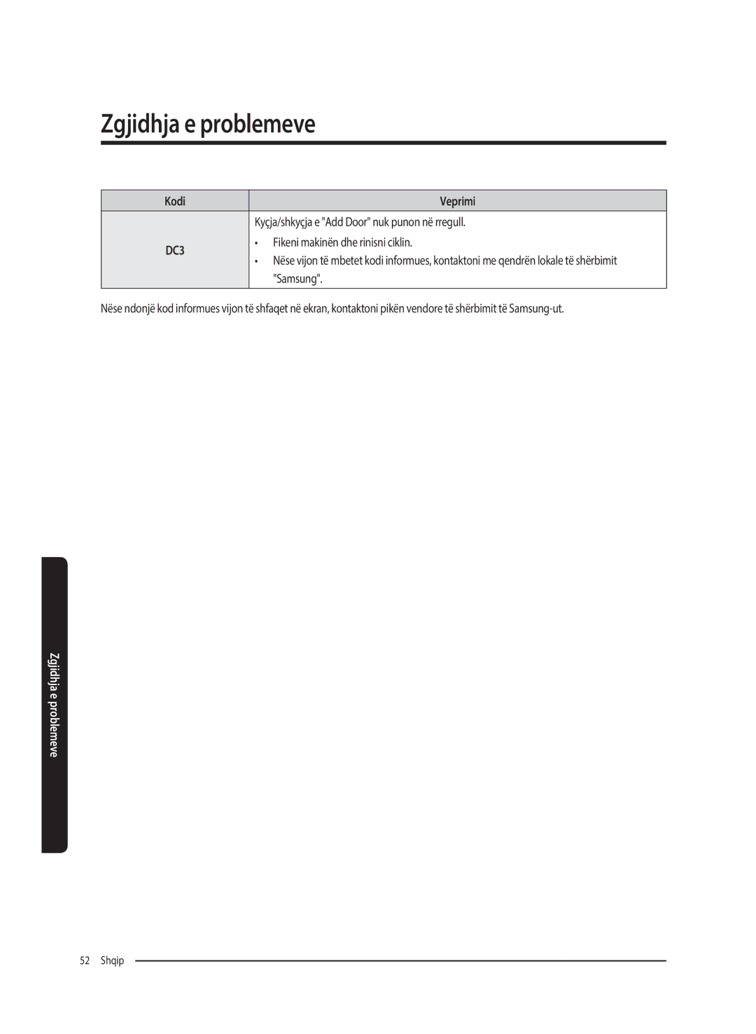 Samsung WW80K5410UW/EO manual Kodi Veprimi Kyçja/shkyçja e Add Door nuk punon në rregull, Fikeni makinën dhe rinisni ciklin 