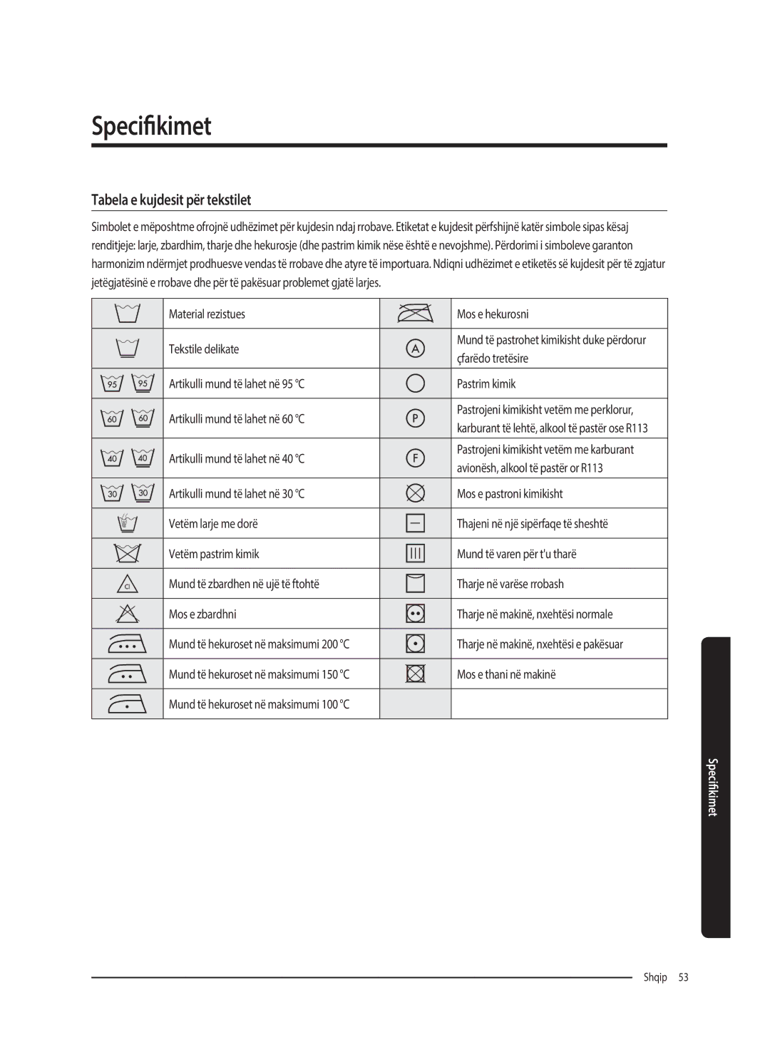 Samsung WW80K5410UW/LV, WW80K5410UW/EO, WW80K5210UW/LE, WW90K5410WW/LE, WW70K5410UW/LE manual Tabela e kujdesit për tekstilet 