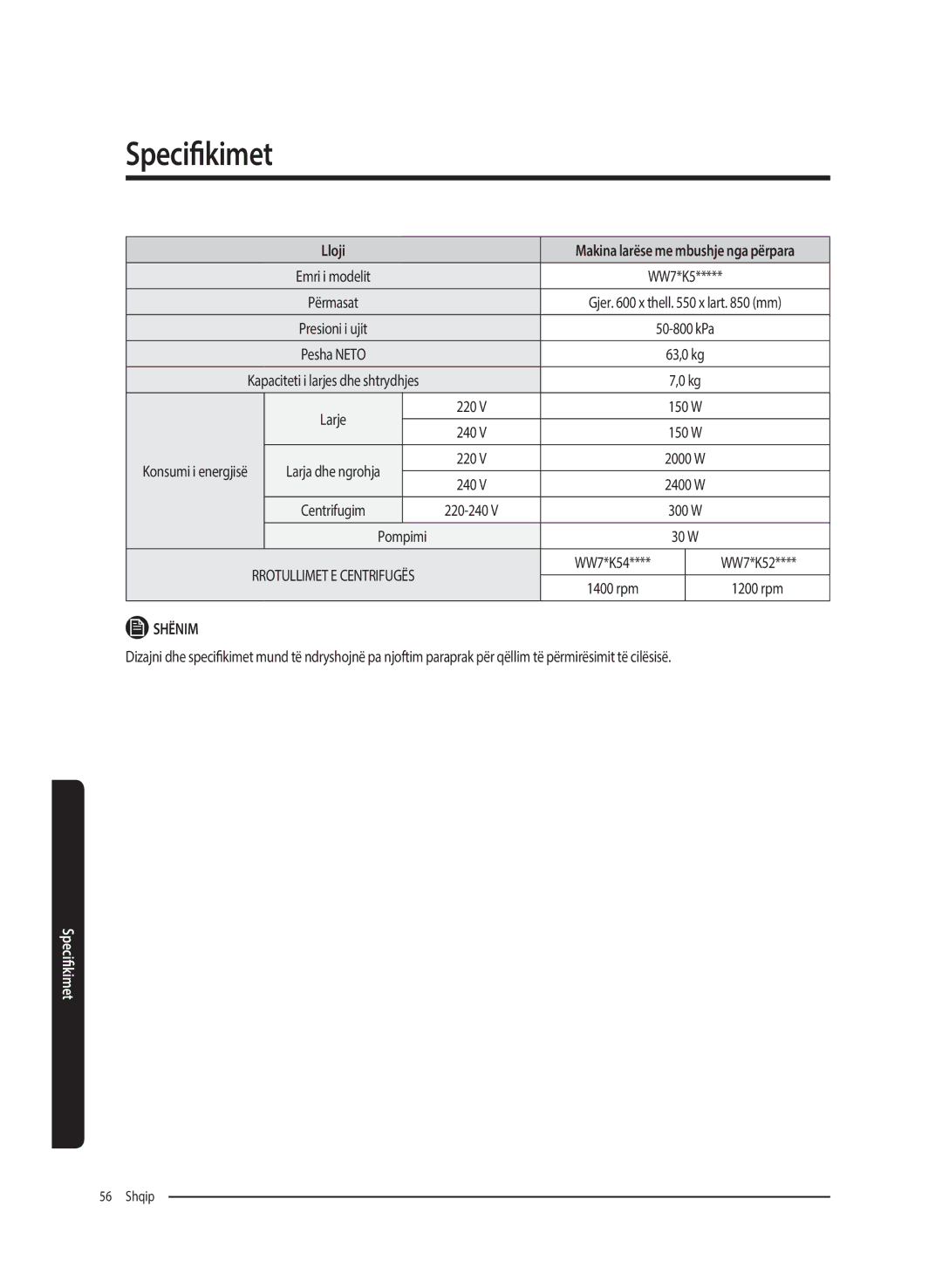 Samsung WW70K5410UW/LE, WW80K5410UW/EO, WW80K5410UW/LV, WW80K5210UW/LE, WW90K5410WW/LE manual Përmirësimit të cilësisë, WW7*K5 