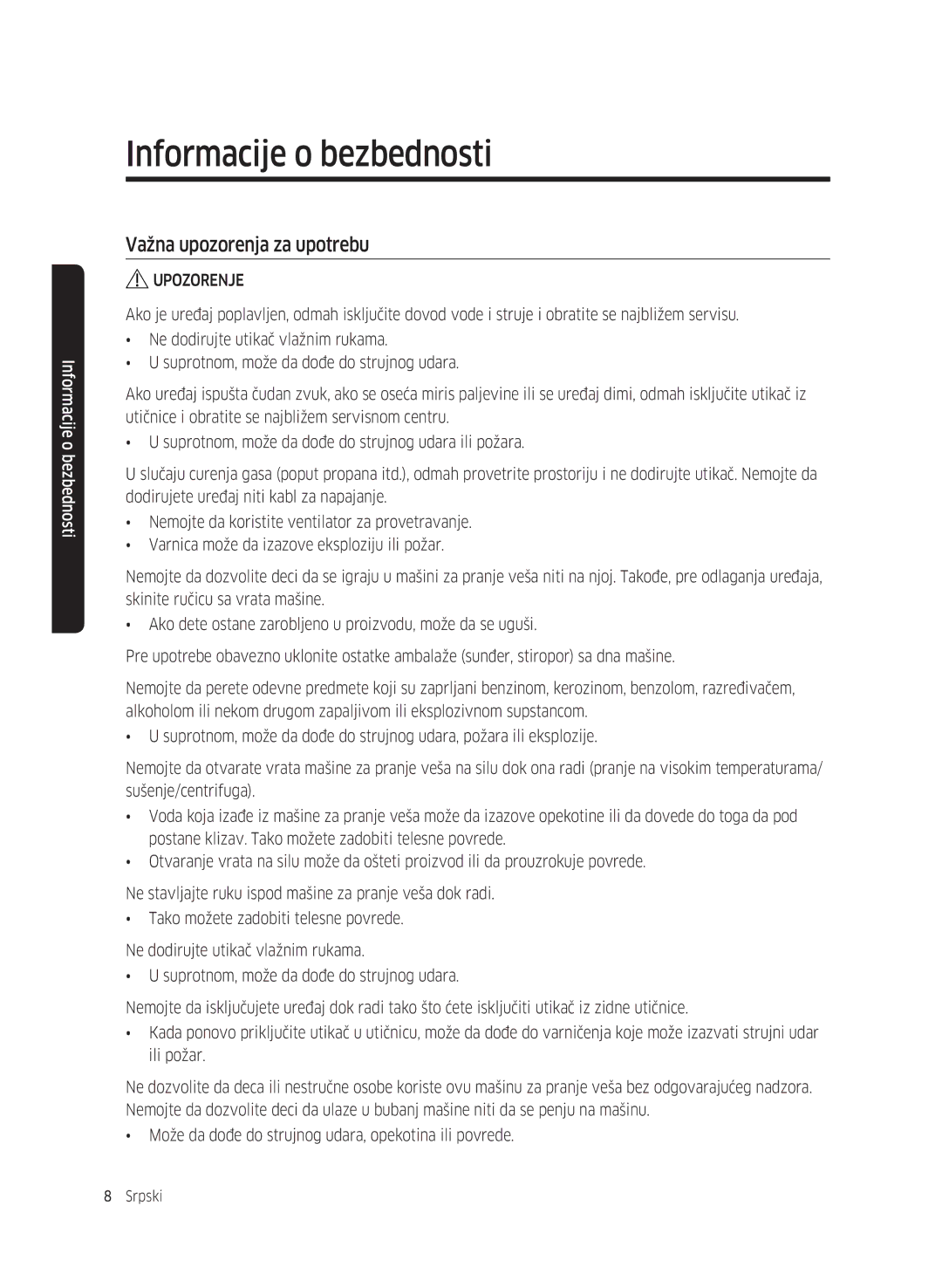 Samsung WW8SK5410UW/KJ, WW80K5410UW/EO, WW80K5410UW/LV, WW80K5210UW/LE, WW90K5410WW/LE manual Važna upozorenja za upotrebu 