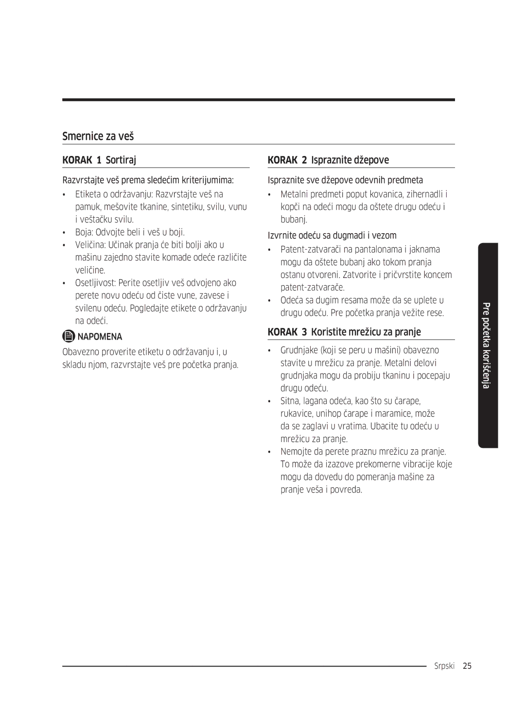 Samsung WW70K5410UW/LE, WW80K5410UW/EO manual Smernice za veš, Korak 1 Sortiraj, Korak 3 Koristite mrežicu za pranje 