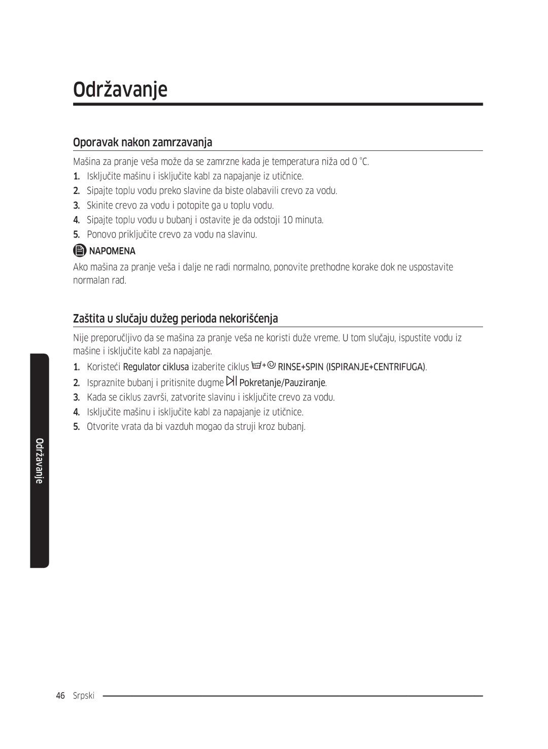 Samsung WW90K5410WW/LE, WW80K5410UW/EO manual Oporavak nakon zamrzavanja, Zaštita u slučaju dužeg perioda nekorišćenja 