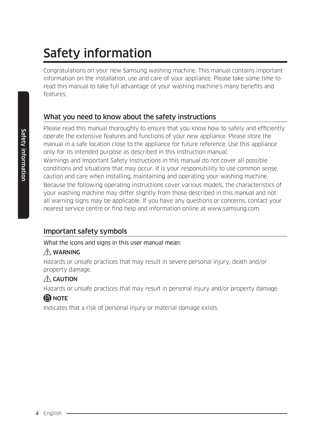 Samsung WW70K5410UW/LE, WW80K5410UW/EO, WW80K5410UW/LV, WW80K5210UW/LE, WW90K5410WW/LE, WW70K5210WW/LE manual Safety information 