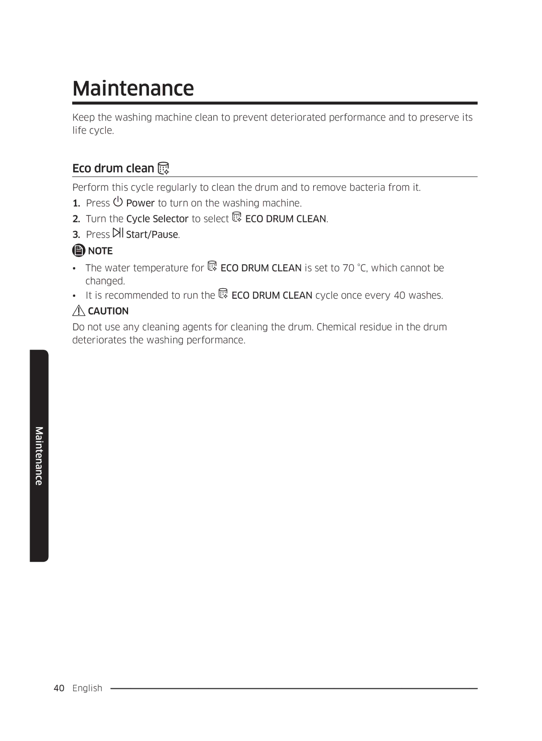 Samsung WW70K5210UW/LE, WW80K5410UW/EO, WW80K5410UW/LV, WW80K5210UW/LE, WW90K5410WW/LE manual Maintenance, Eco drum clean 