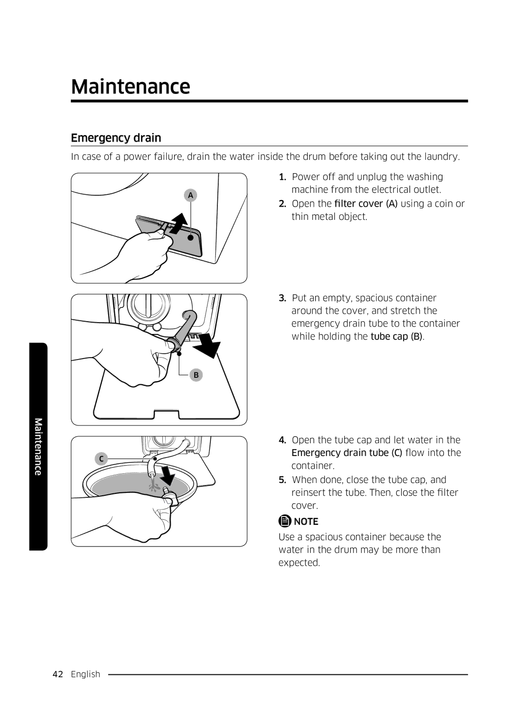 Samsung WW8SK5410UW/KJ, WW80K5410UW/EO, WW80K5410UW/LV, WW80K5210UW/LE, WW90K5410WW/LE, WW70K5410UW/LE manual Emergency drain 