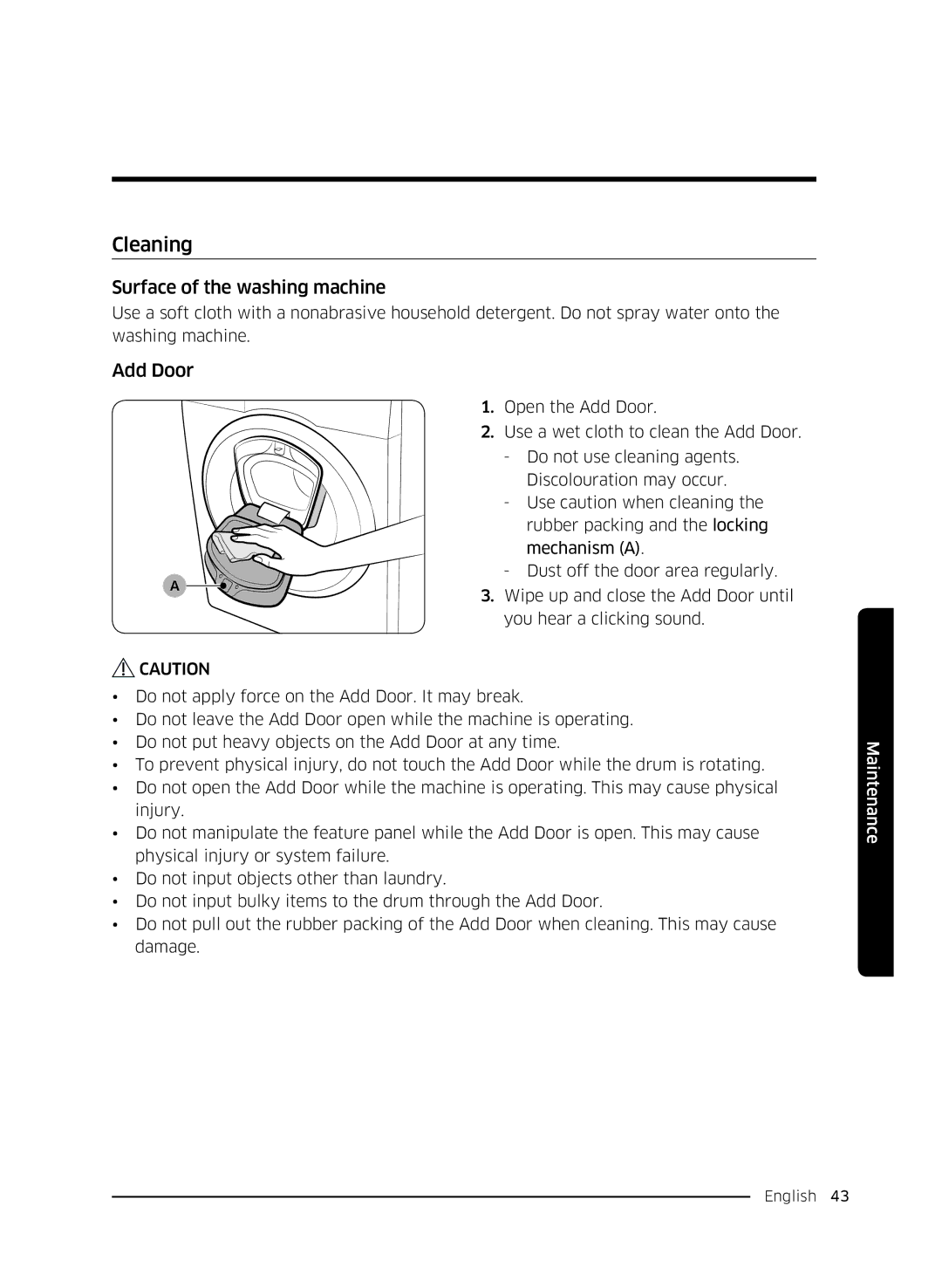 Samsung WW80K5410UW/EU, WW80K5410UW/EO, WW80K5410UW/LV, WW80K5210UW/LE Cleaning, Surface of the washing machine, Add Door 