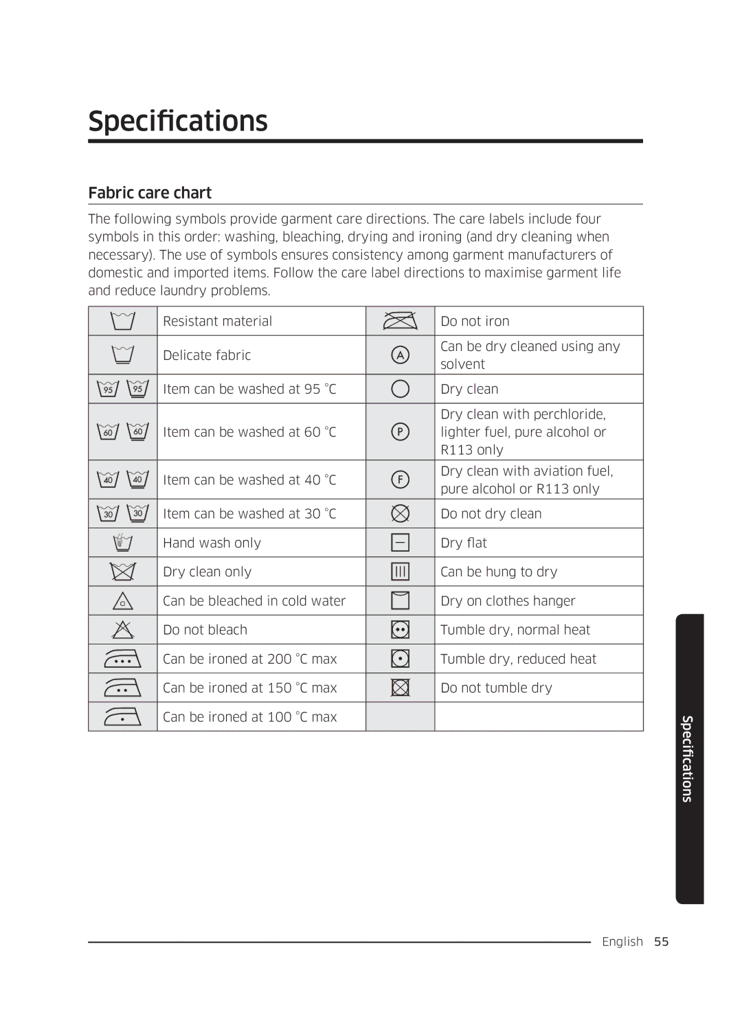 Samsung WW80K5410UW/EO, WW80K5410UW/LV, WW80K5210UW/LE, WW90K5410WW/LE, WW70K5410UW/LE manual Specifications, Fabric care chart 