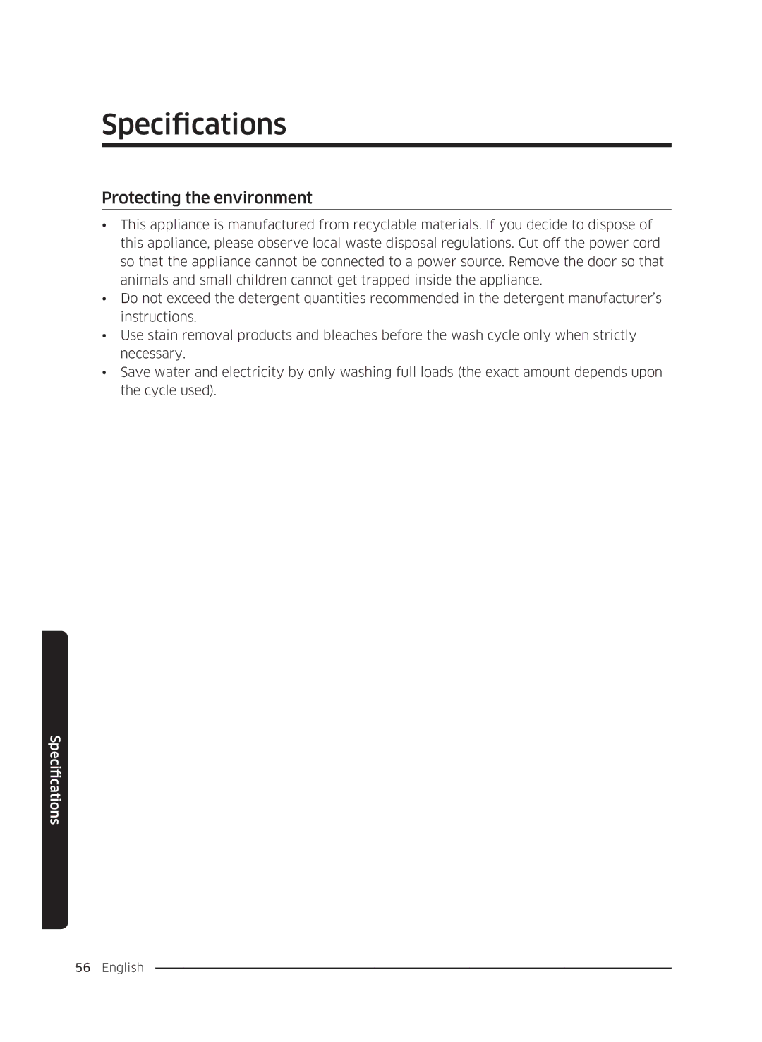 Samsung WW80K5410UW/LV, WW80K5410UW/EO, WW80K5210UW/LE, WW90K5410WW/LE, WW70K5410UW/LE manual Protecting the environment 