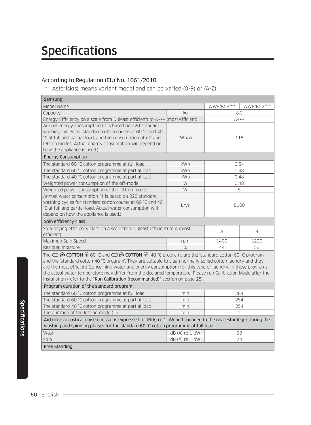 Samsung WW70K5210WW/LE, WW80K5410UW/EO, WW80K5410UW/LV, WW80K5210UW/LE, WW90K5410WW/LE, WW70K5410UW/LE manual Specifications 