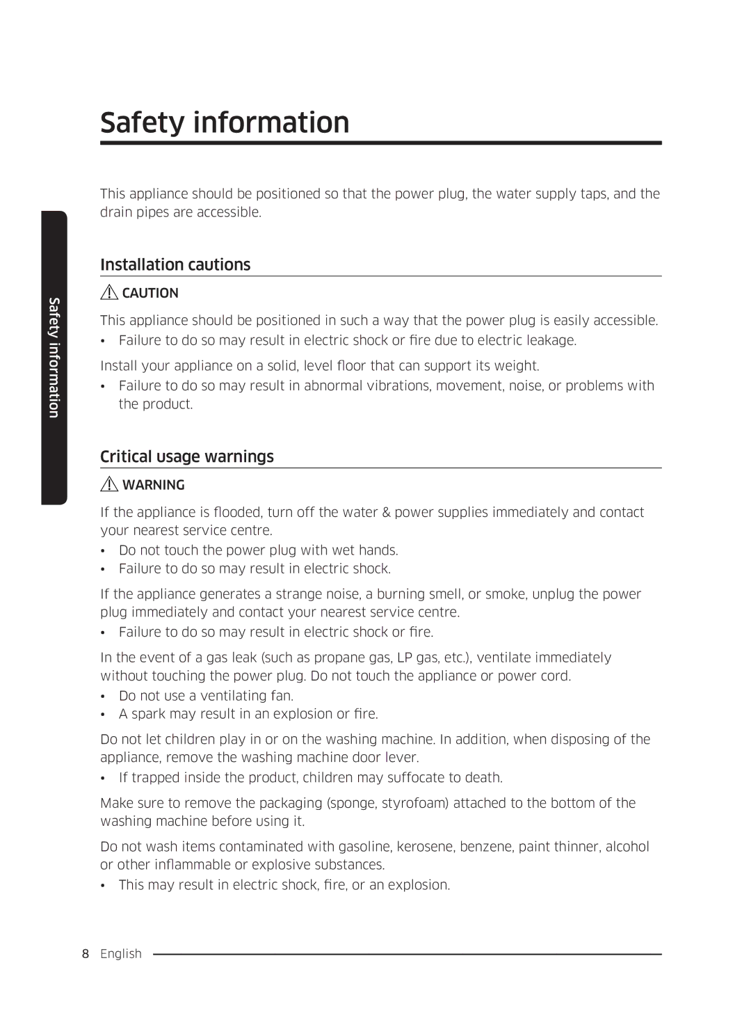 Samsung WW80K5410UW/LE, WW80K5410UW/EO, WW80K5410UW/LV, WW80K5210UW/LE manual Installation cautions, Critical usage warnings 