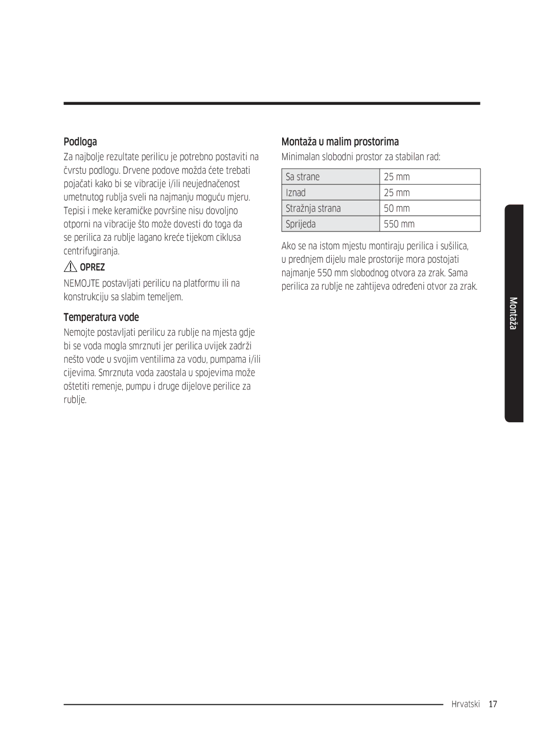 Samsung WW70K5410UW/LE, WW80K5410UW/EO, WW80K5410UW/LV, WW80K5210UW/LE Podloga, Temperatura vode, Montaža u malim prostorima 