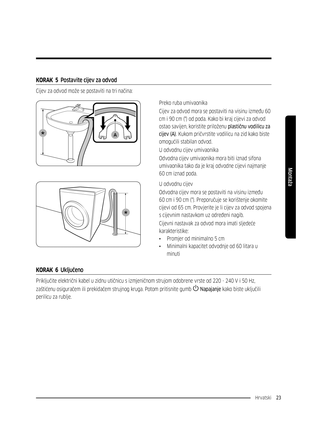 Samsung WW80K5410UW/EU, WW80K5410UW/EO, WW80K5410UW/LV, WW80K5210UW/LE Korak 5 Postavite cijev za odvod, Korak 6 Uključeno 