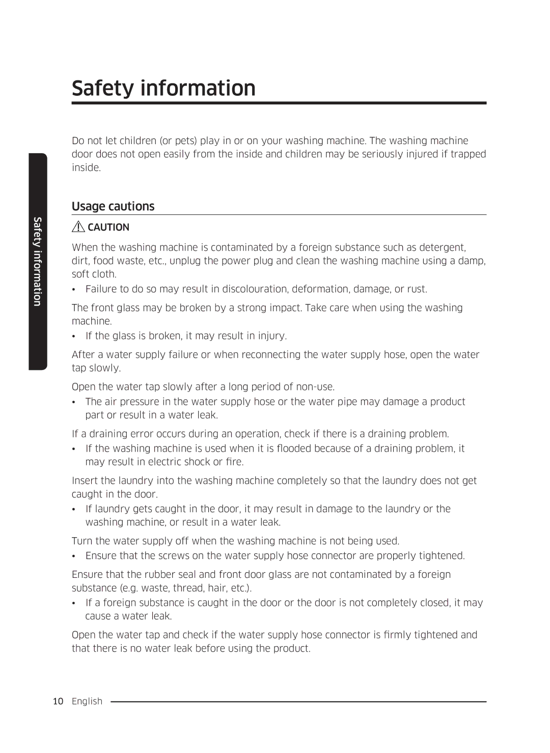 Samsung WW80K5410UW/EU, WW80K5410UW/EO, WW80K5410UW/LV, WW80K5210UW/LE, WW90K5410WW/LE, WW70K5410UW/LE manual Usage cautions 