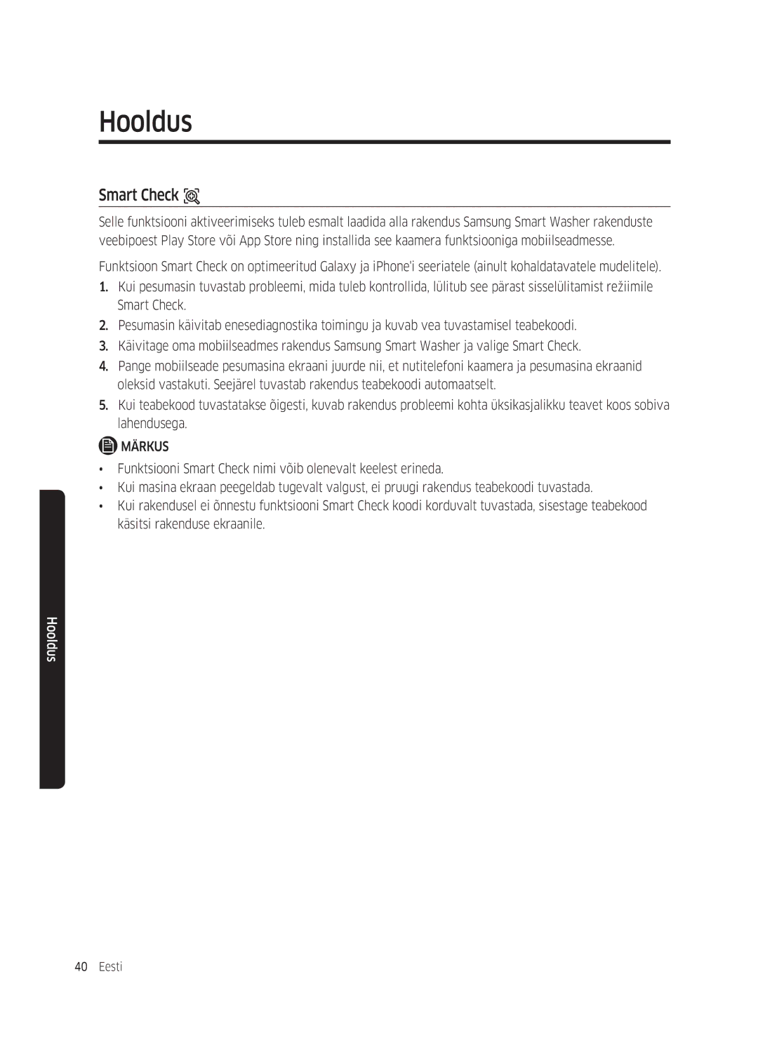 Samsung WW70K5210WW/LE, WW80K5410UW/EO, WW80K5410UW/LV, WW80K5210UW/LE, WW90K5410WW/LE, WW70K5410UW/LE manual Smart Check 