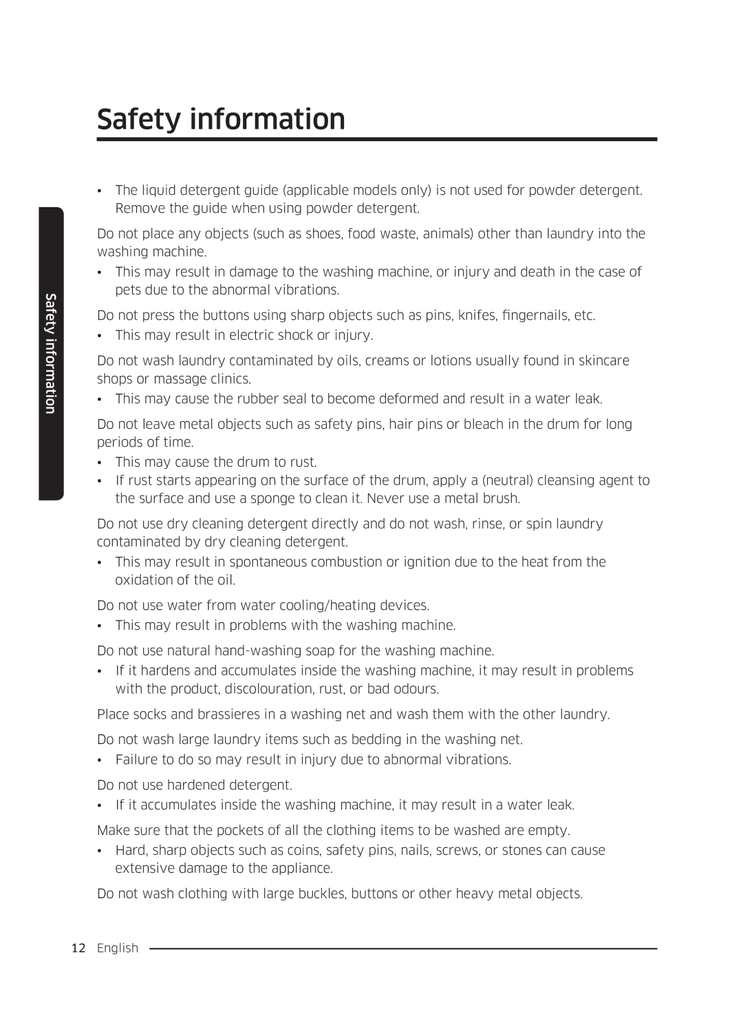 Samsung WW80K5410UW/LV, WW80K5410UW/EO, WW80K5210UW/LE, WW90K5410WW/LE, WW70K5410UW/LE, WW70K5210WW/LE manual Safety information 