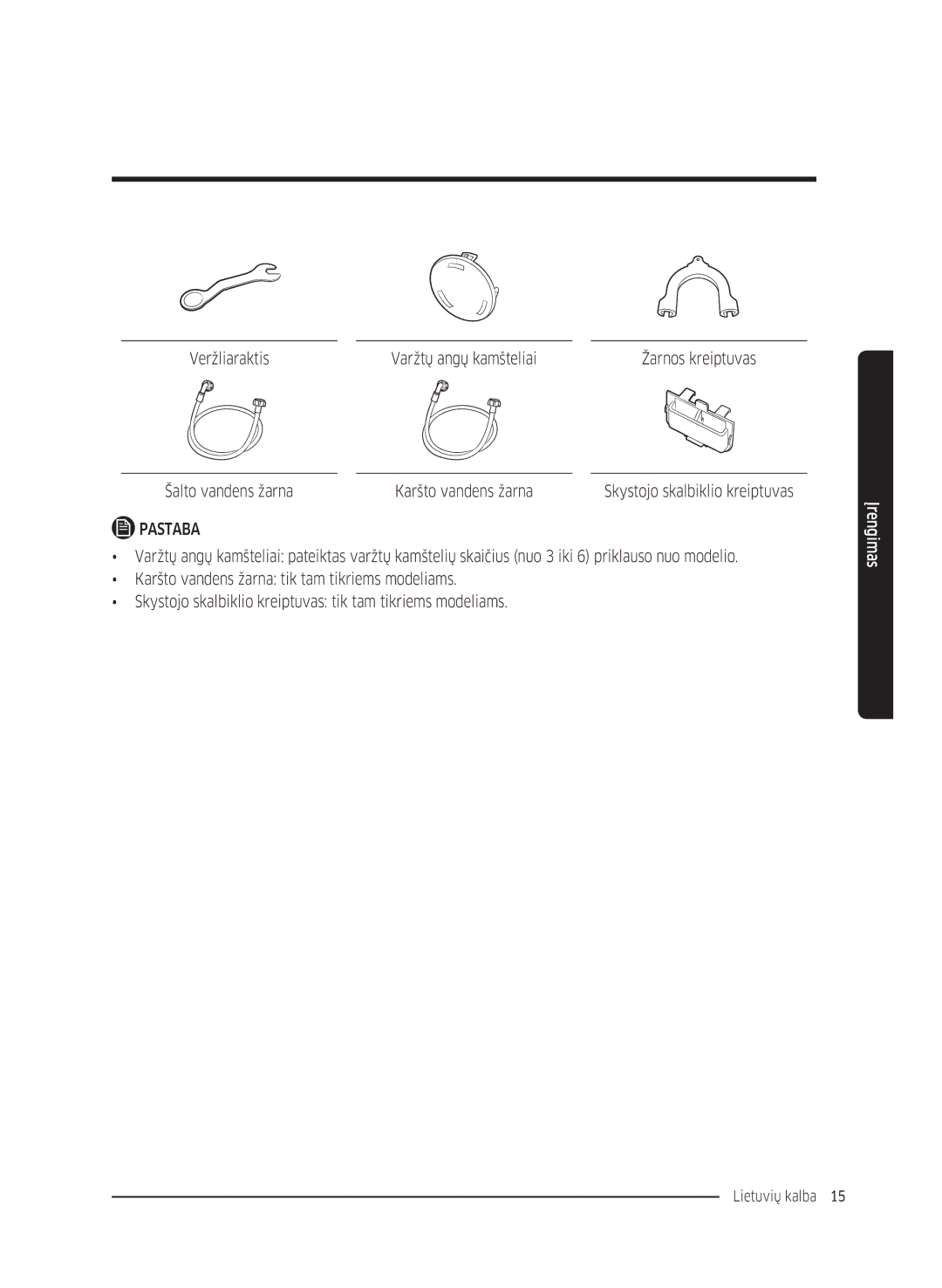 Samsung WW80K5410UW/EO, WW80K5410UW/LV manual Veržliaraktis Varžtų angų kamšteliai, Šalto vandens žarna Karšto vandens žarna 