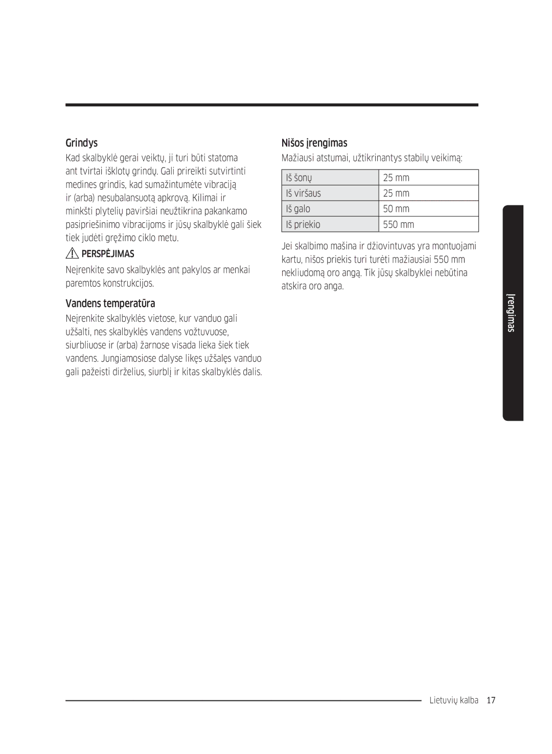 Samsung WW80K5210UW/LE, WW80K5410UW/EO, WW80K5410UW/LV, WW90K5410WW/LE manual Grindys, Vandens temperatūra, Nišos įrengimas 