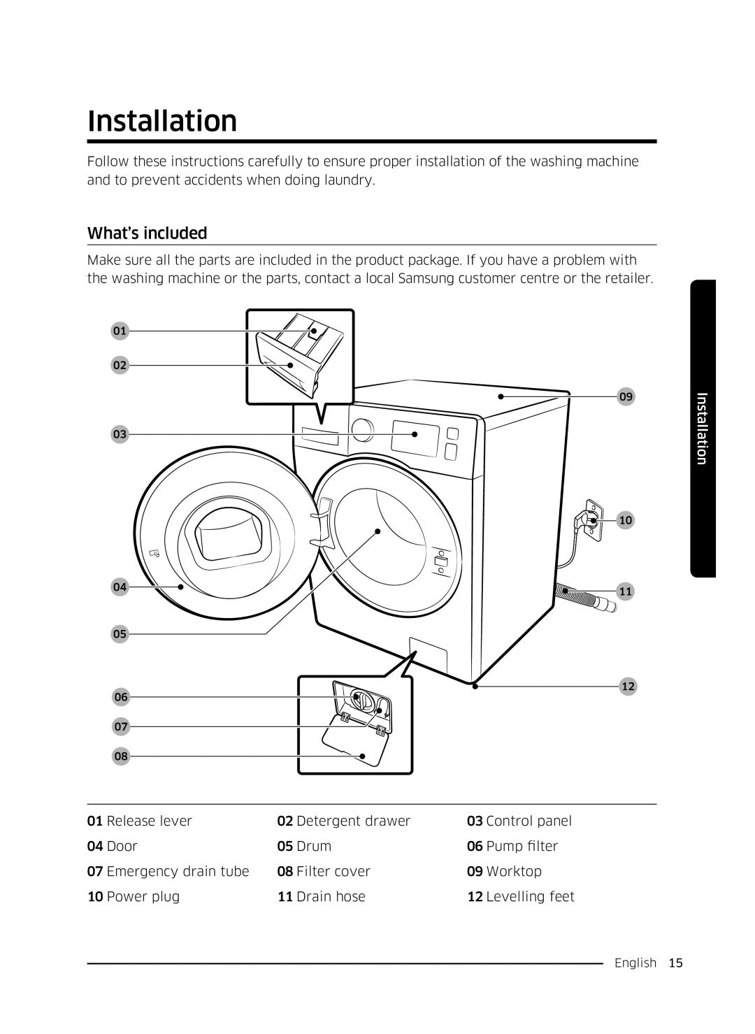 Samsung WW70K5410UW/LE, WW80K5410UW/EO, WW80K5410UW/LV, WW80K5210UW/LE, WW90K5410WW/LE manual Installation, What’s included 