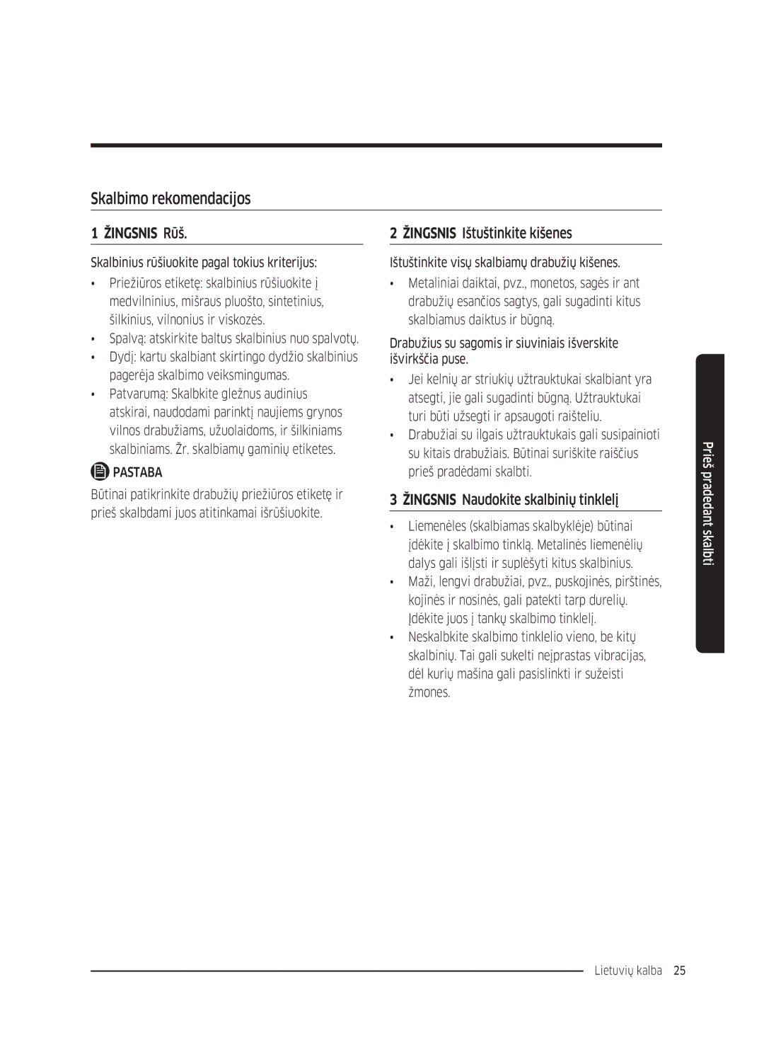 Samsung WW80K5410UW/EU manual Skalbimo rekomendacijos, Žingsnis Ištuštinkite kišenes, Žingsnis Naudokite skalbinių tinklelį 