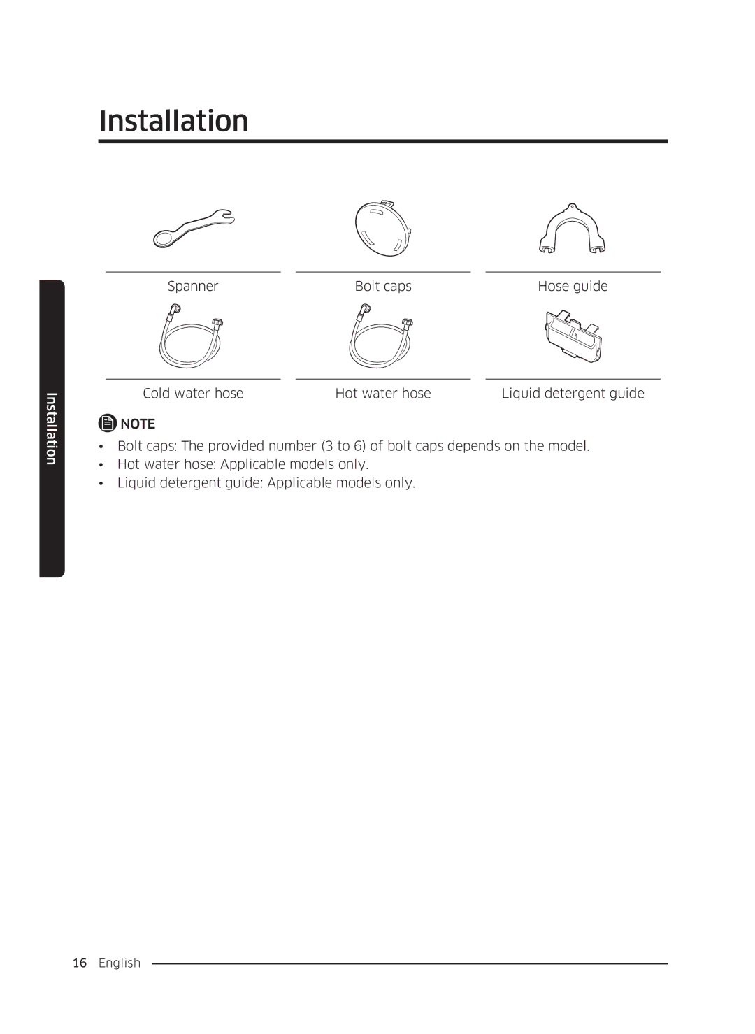 Samsung WW70K5210WW/LE, WW80K5410UW/EO, WW80K5410UW/LV, WW80K5210UW/LE, WW90K5410WW/LE manual Spanner Bolt caps Hose guide 