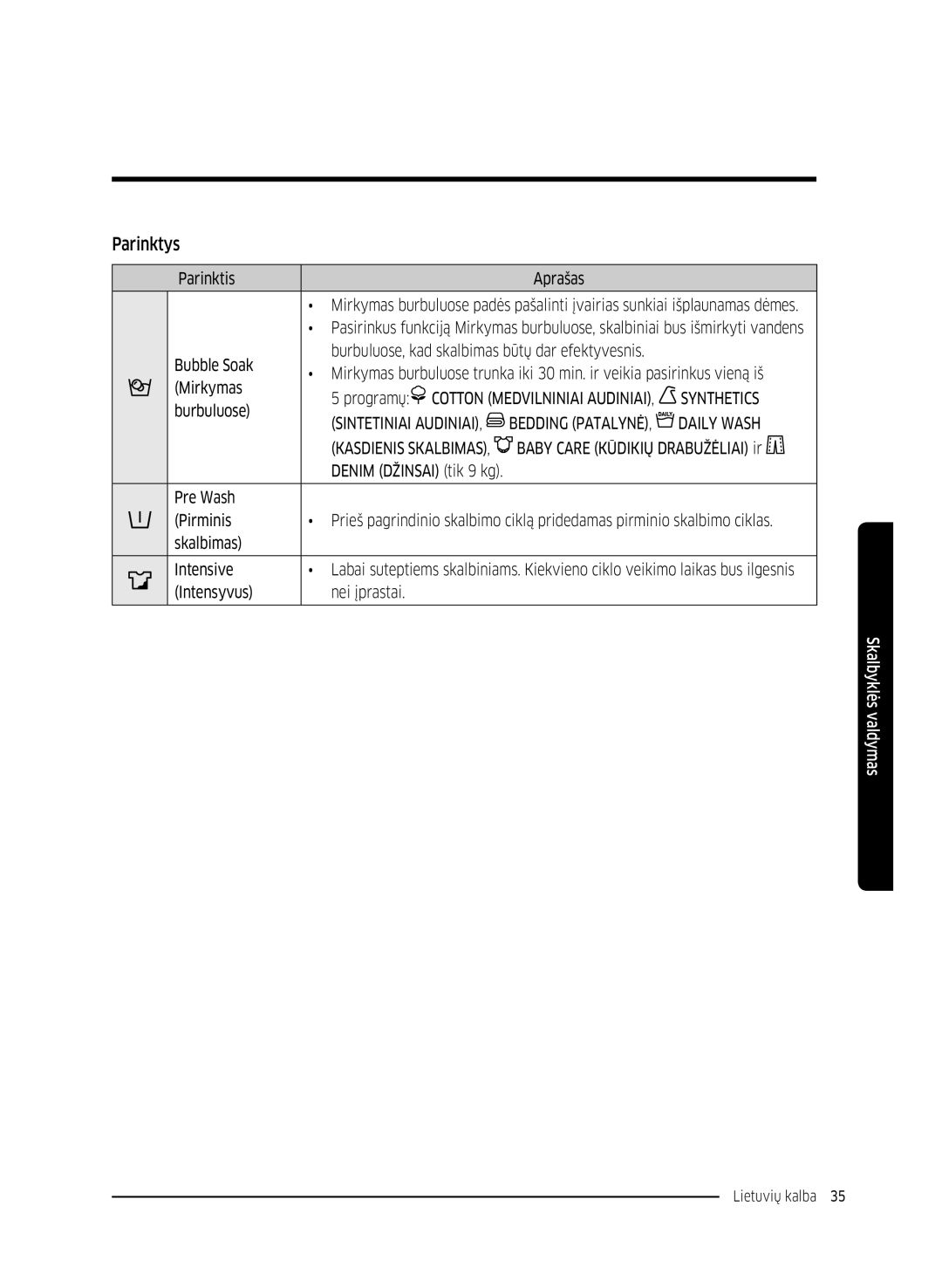 Samsung WW8SK5410UW/KJ, WW80K5410UW/EO, WW80K5410UW/LV, WW80K5210UW/LE, WW90K5410WW/LE, WW70K5410UW/LE manual Parinktys 