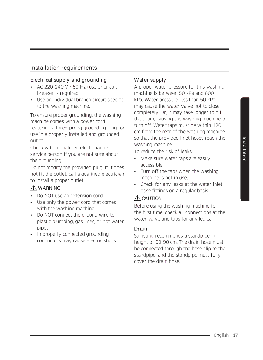 Samsung WW70K5210UX/LE, WW80K5410UW/EO Installation requirements, Electrical supply and grounding, Water supply, Drain 