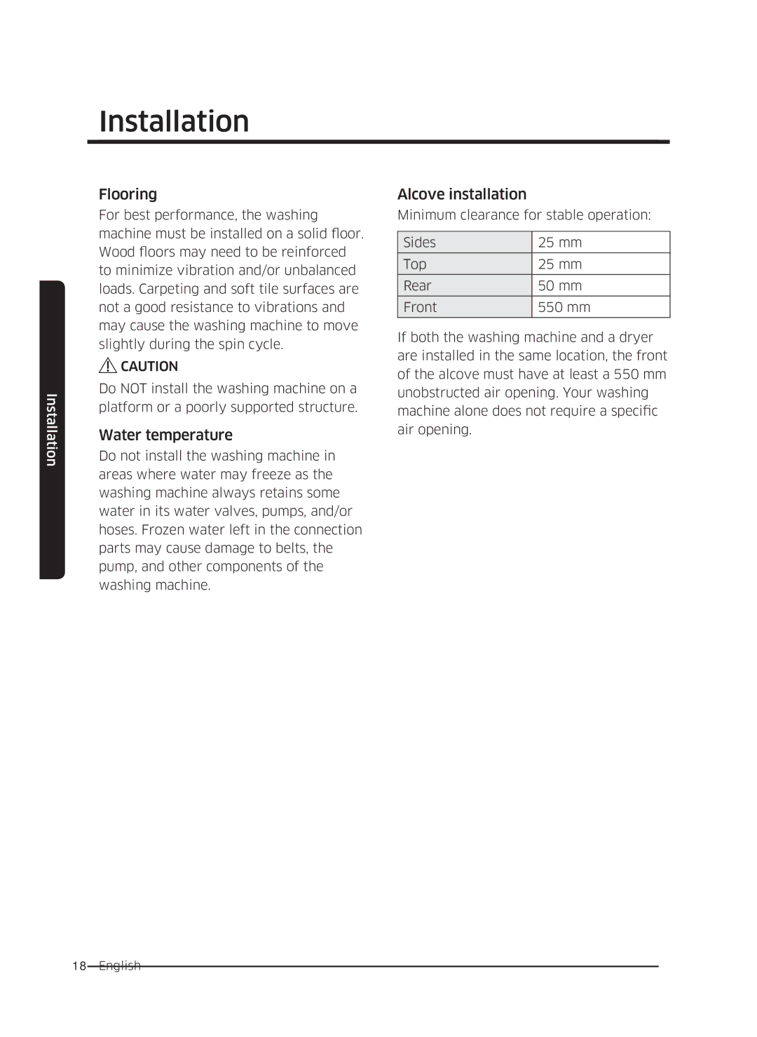 Samsung WW70K5210UW/LE, WW80K5410UW/EO, WW80K5410UW/LV, WW80K5210UW/LE manual Flooring, Water temperature, Alcove installation 